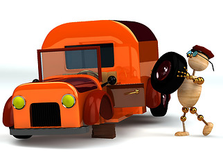 Image showing 3d wood man change orange truck tire