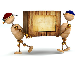 Image showing two 3d wood man carring big wooden box