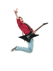Image showing Rock star with a guitar jumping