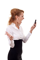 Image showing Angry Woman Yells At Cell Phone