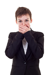 Image showing woman covering her mouth with hands 