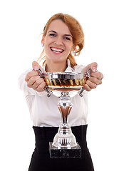 Image showing young woman winning a trophy