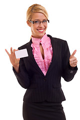 Image showing Young business woman presenting card