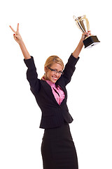 Image showing Happy business woman with trophy