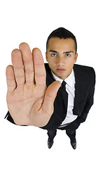 Image showing Business man gesturing stop wide angle