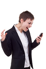 Image showing woman shouting to a mobile