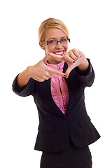 Image showing happy business woman making hand frame