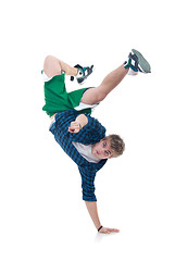Image showing bboy standing on one hand and pointing