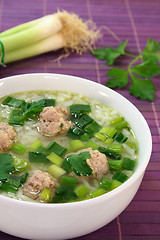 Image showing Rice soup with meat balls