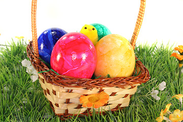 Image showing Easter basket with eggs and chicks