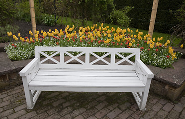 Image showing White bench and tulips