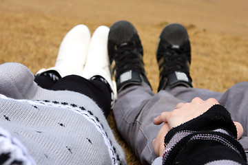 Image showing Portrait of attractive couple holding by hands lying on the gras