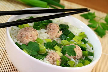 Image showing Rice soup with meat balls