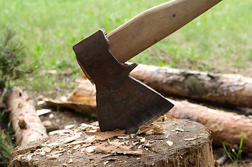 Image showing Axe in log