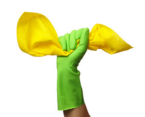 Image showing Hand in rubber glove holds cleaning rag