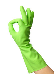 Image showing Hand wearing rubber glove shows OK sign