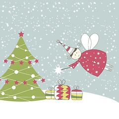 Image showing Christmas card with angel. Vector illustration