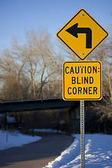 Image showing Blind corner turning warning sign on biking trail
