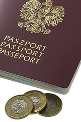 Image showing Polish passport and three coins from Poland