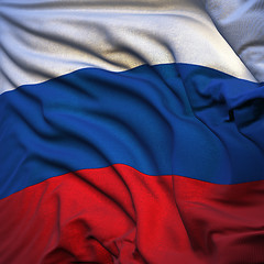 Image showing Russian flag, fluttering in the breeze, backlit rising sun