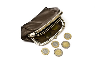 Image showing Old purse and euro coins