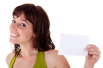 Image showing beautiful woman with blank business card in hand