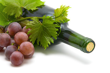 Image showing bottle of wine with grape wine leafs and vine