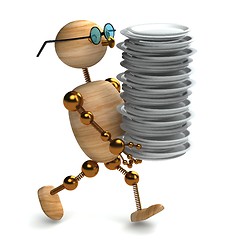 Image showing 3d wood man is holding  dishes
