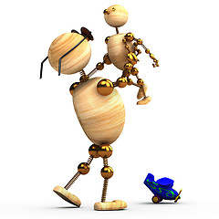 Image showing 3d wood man holding a chlid