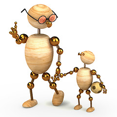 Image showing 3d wood man holding a chlid