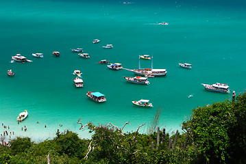 Image showing Boats in a crystalline turquoise sea in Arraial do Cabo, Rio de janeiro, Brazil