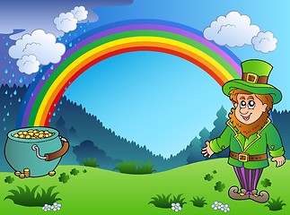 Image showing Meadow with rainbow and leprechaun