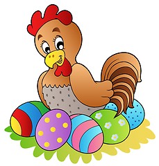 Image showing Cartoon hen with Easter eggs