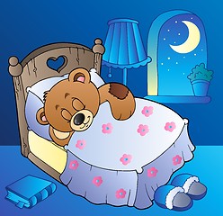 Image showing Sleeping teddy bear in bedroom