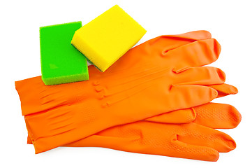 Image showing Orange rubber gloves with sponges