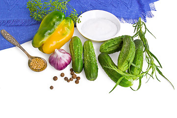 Image showing Vegetables with spices, salt and blue cloth