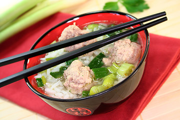 Image showing rice soup with meat balls