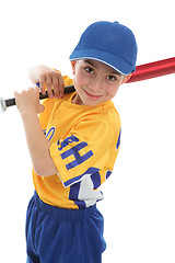 Image showing Smiling boy holding a baseball tball bat