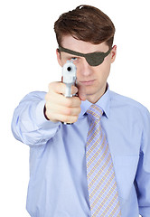 Image showing Terrible man aiming gun on white background