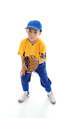 Image showing Child baseball softball player crouching with mitt