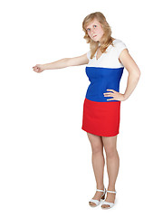 Image showing Woman in clothing color Russian flag kicks gesture