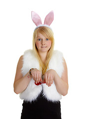 Image showing Funny young girl with a pink rabbit ears