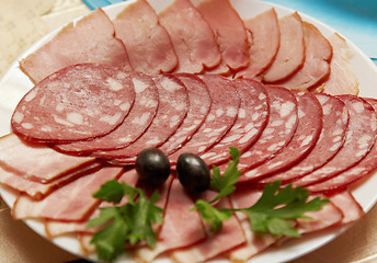 Image showing Ham and sausage served on plate