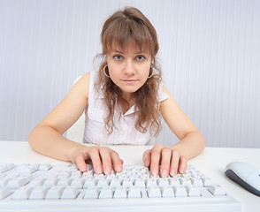 Image showing Comical woman sits in front of monitor with the keyboard