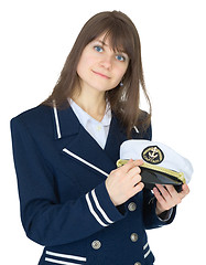 Image showing Portrait of woman in uniform of sea captain on white background