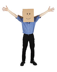 Image showing Funny man with box on head rejoices