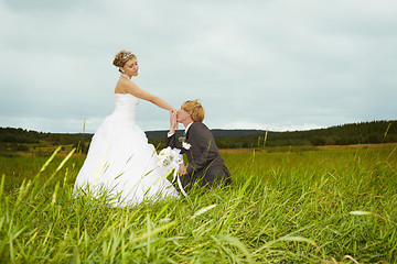 Image showing Groom kisses hand of bride in field