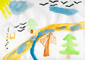 Image showing Child drawing wooden landscape