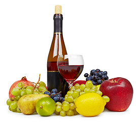 Image showing Still life of fruit and wine on white