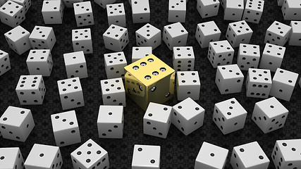 Image showing Golden die among common ones over black 